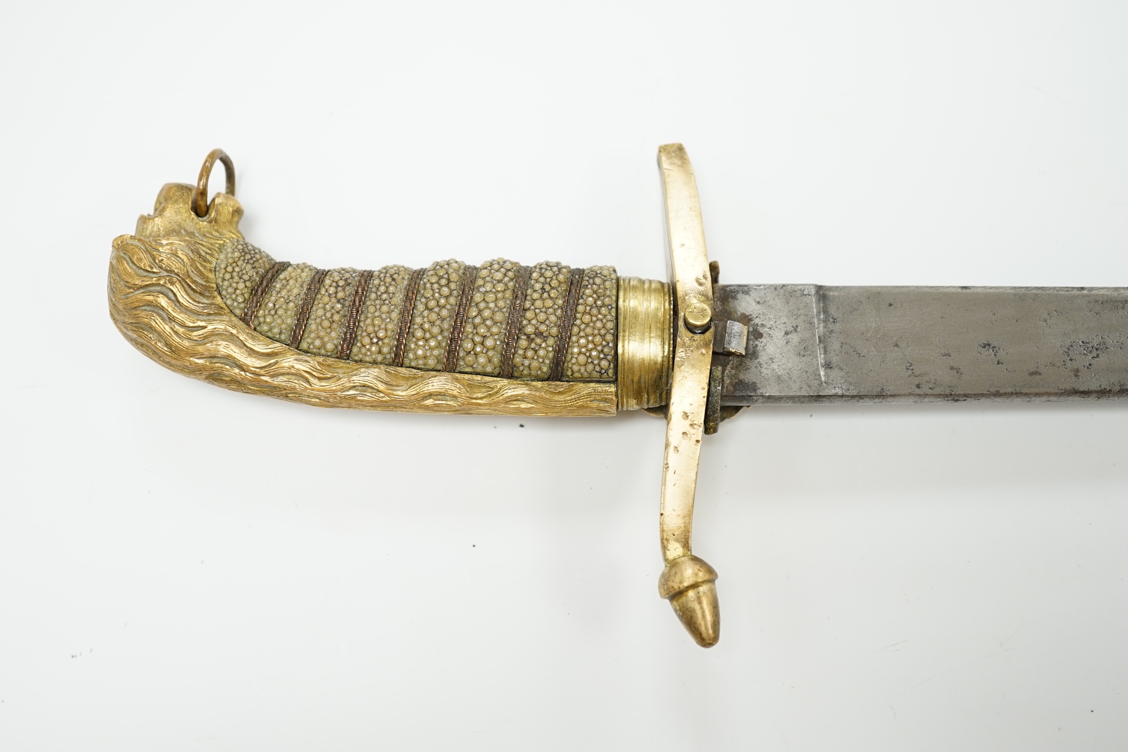 A Victorian naval officer’s dirk, regulation brass hilt (one quillon finial missing), wire bound fish skin grip, blade 39cm. Condition - poor
